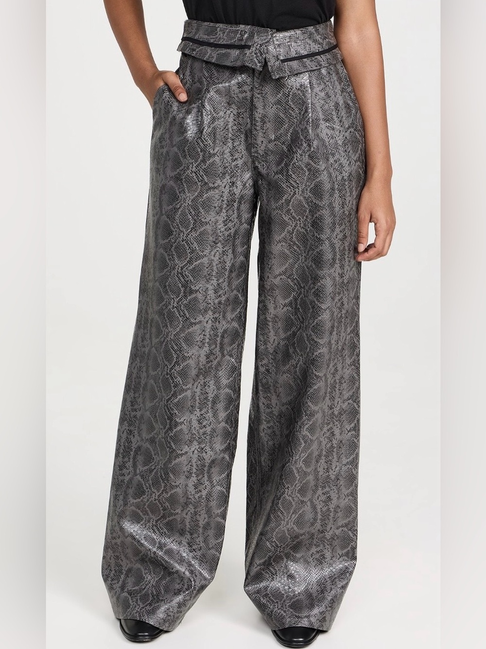 AFRM The Tyler Fold Over Faux Leather Trouser in Dark Grey Snake Size 27